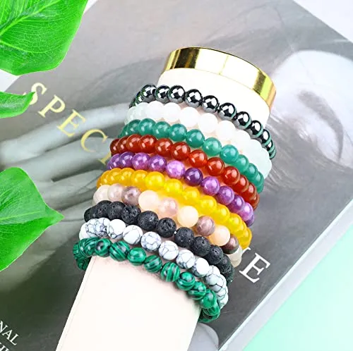 10 Pcs 8mm Gemstone Bracelets set for Men Women Round Beaded Bracelets-Semi-Precious Stretch Crystal Beaded Bracelets Unisex