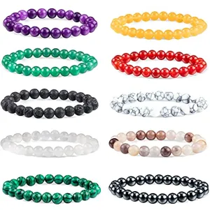 10 Pcs 8mm Gemstone Bracelets set for Men Women Round Beaded Bracelets-Semi-Precious Stretch Crystal Beaded Bracelets Unisex