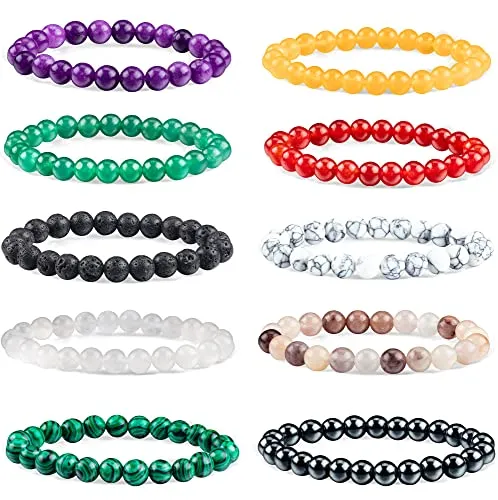 10 Pcs 8mm Gemstone Bracelets set for Men Women Round Beaded Bracelets-Semi-Precious Stretch Crystal Beaded Bracelets Unisex