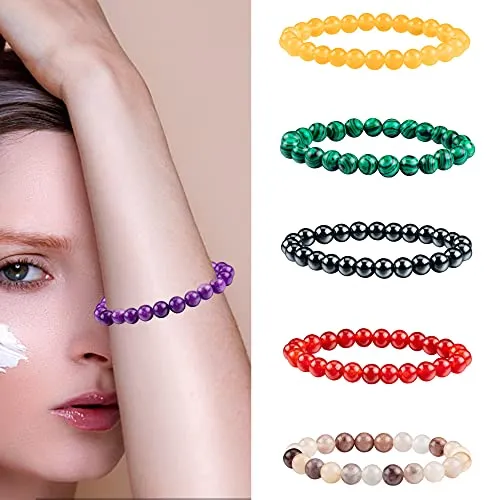 10 Pcs 8mm Gemstone Bracelets set for Men Women Round Beaded Bracelets-Semi-Precious Stretch Crystal Beaded Bracelets Unisex