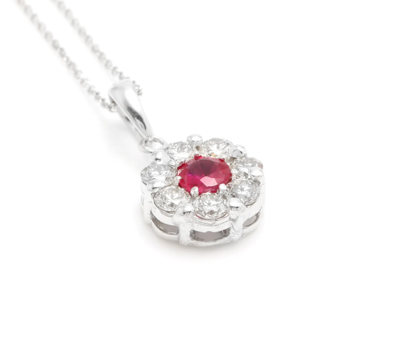 1.15Ct Natural Red Ruby and Diamond 14K Solid White Gold Necklace