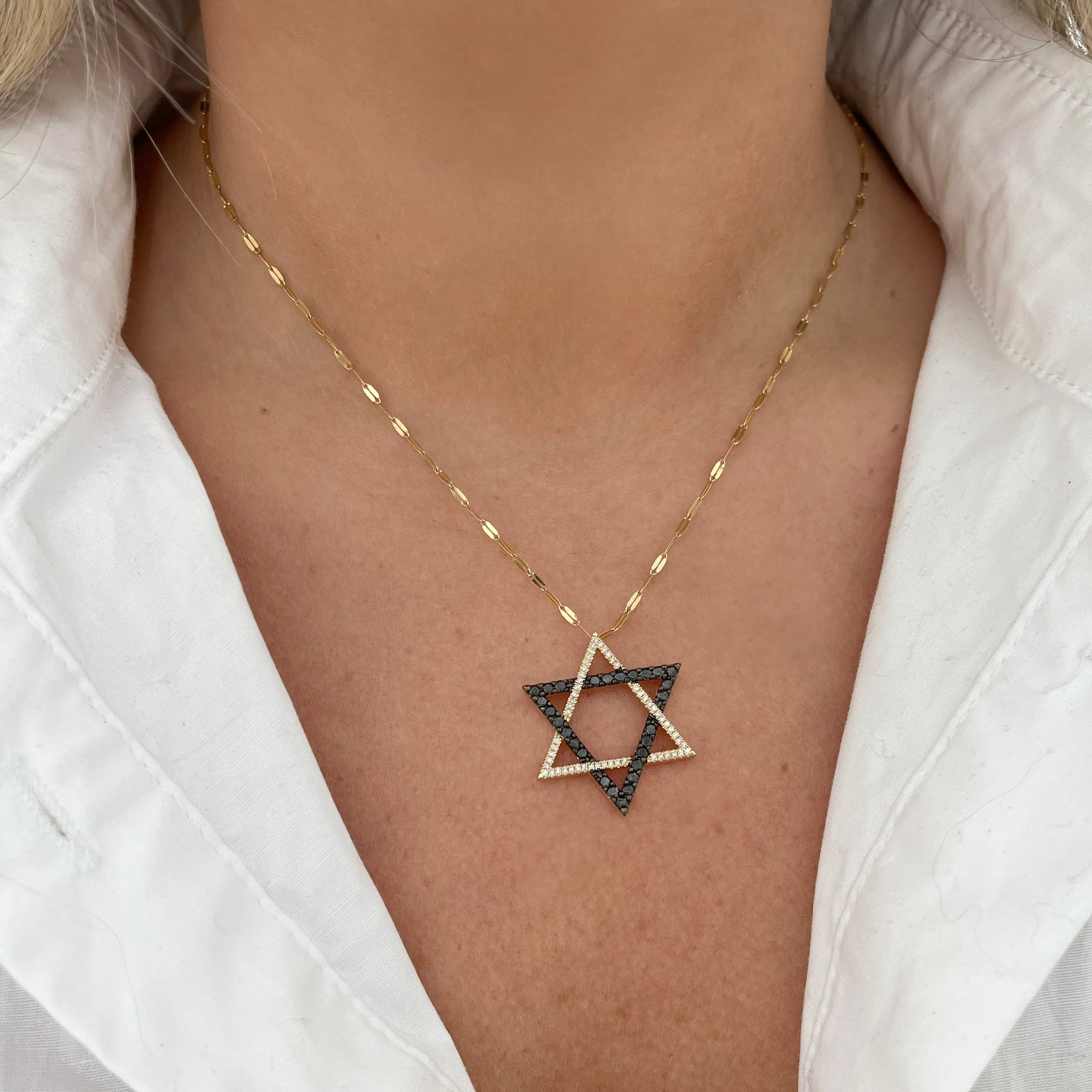 14K GOLD DIAMOND AND BLACK DIAMOND 1.00" MAGEN DAVID CHARM