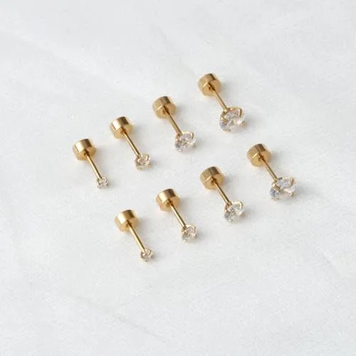 14K Gold Flat Screw Back Stud Earrings Small Cubic Zirconia Earrings for Helix Cartilage Tragus Earlobe Piercing, 2MM