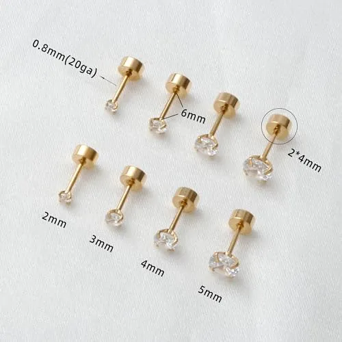 14K Gold Flat Screw Back Stud Earrings Small Cubic Zirconia Earrings for Helix Cartilage Tragus Earlobe Piercing, 2MM