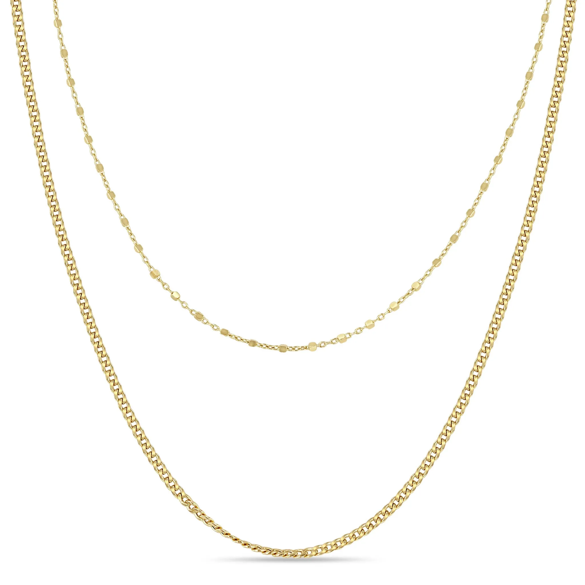 14k Gold Square Bead & XS Curb Chain Layered Necklace