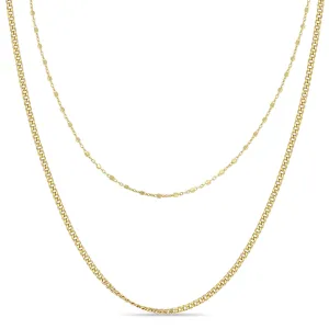 14k Gold Square Bead & XS Curb Chain Layered Necklace