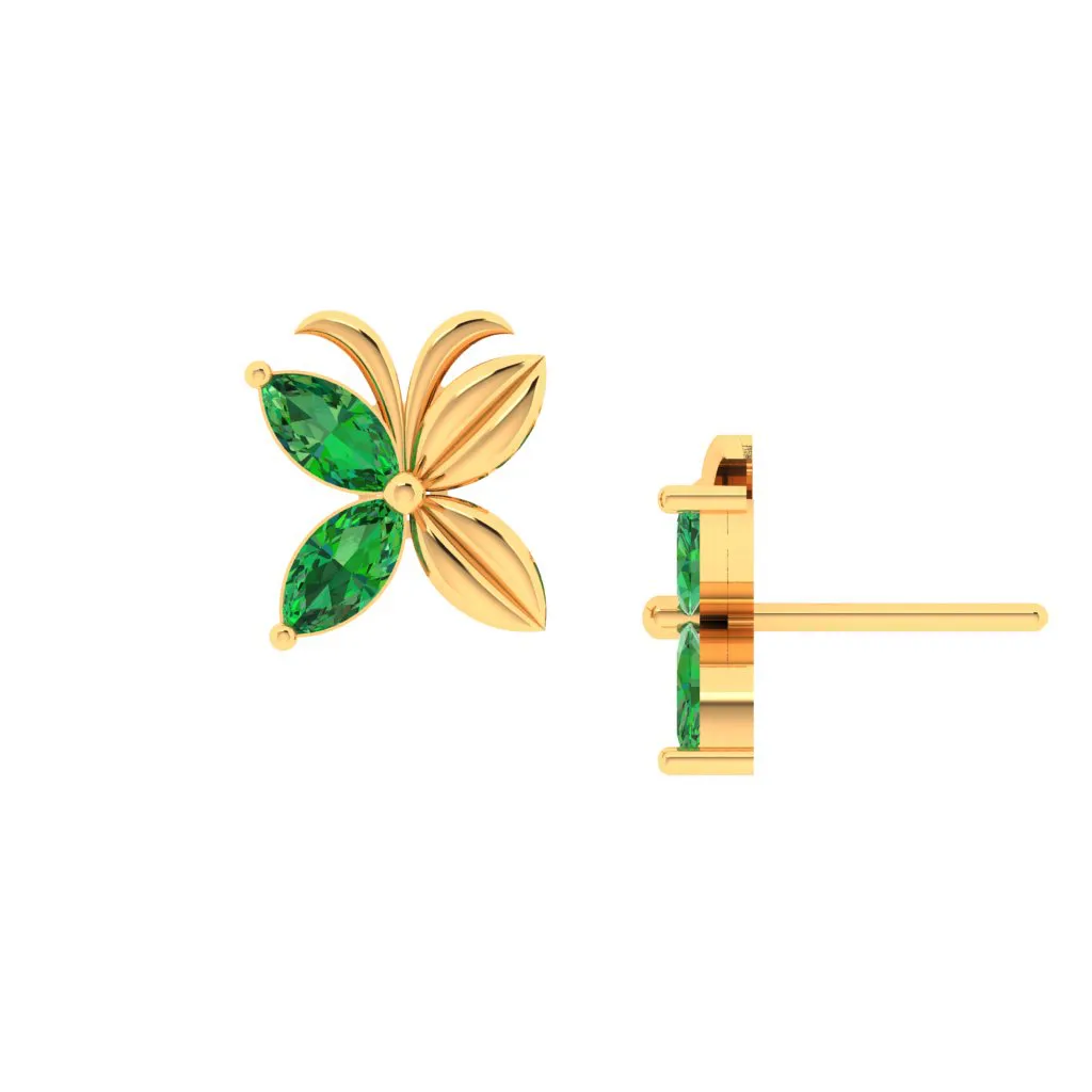 14k Gold Stud Earrings In The Shape Of Floral Butterfly With Green Stones