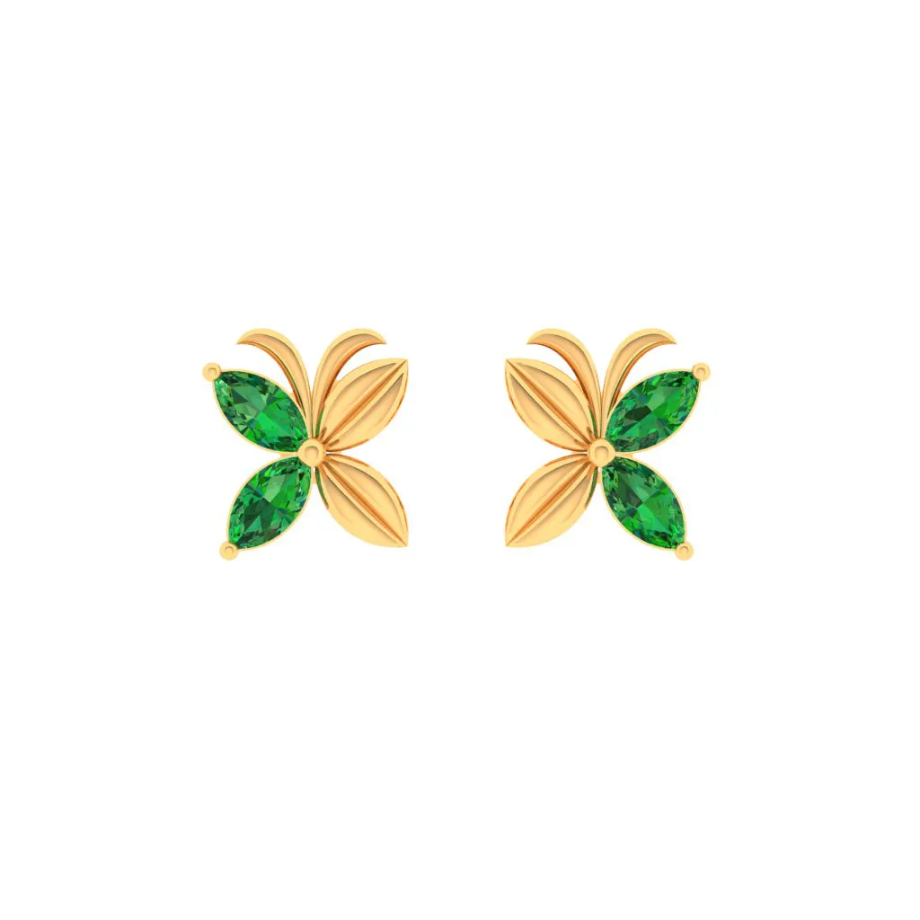 14k Gold Stud Earrings In The Shape Of Floral Butterfly With Green Stones