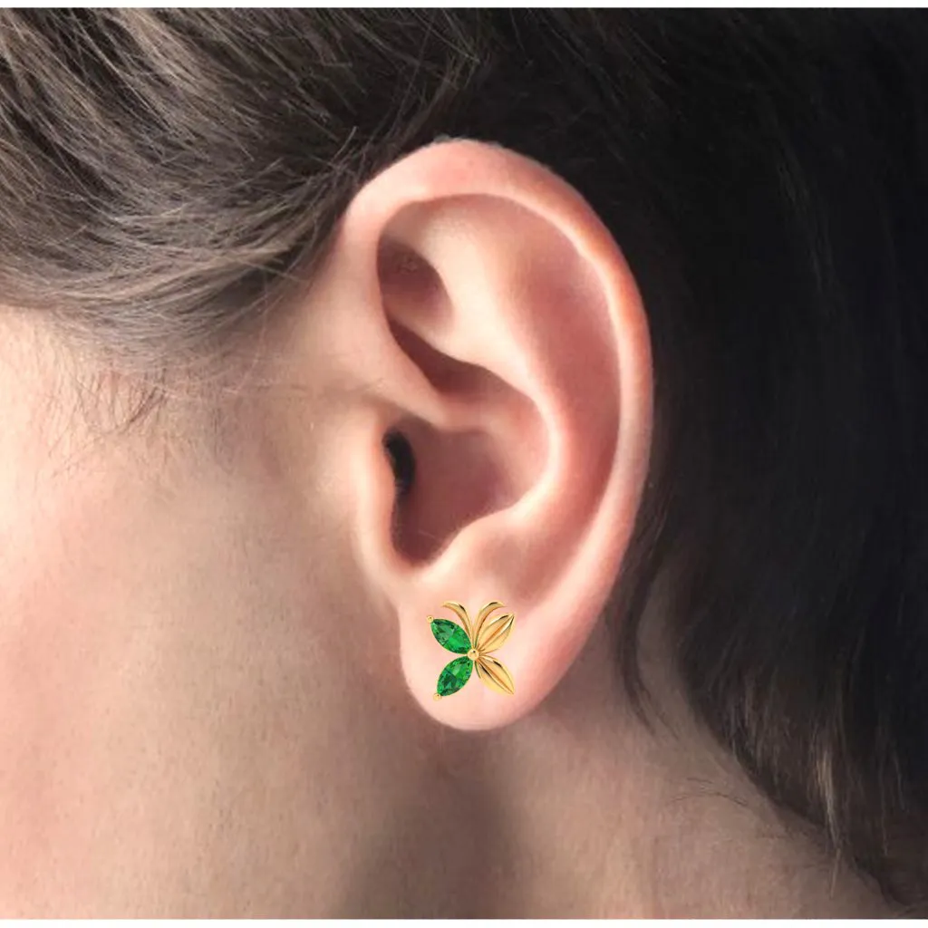 14k Gold Stud Earrings In The Shape Of Floral Butterfly With Green Stones