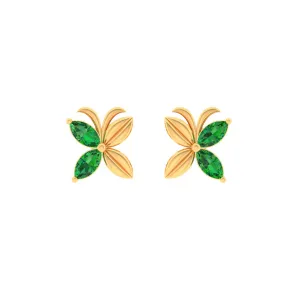 14k Gold Stud Earrings In The Shape Of Floral Butterfly With Green Stones