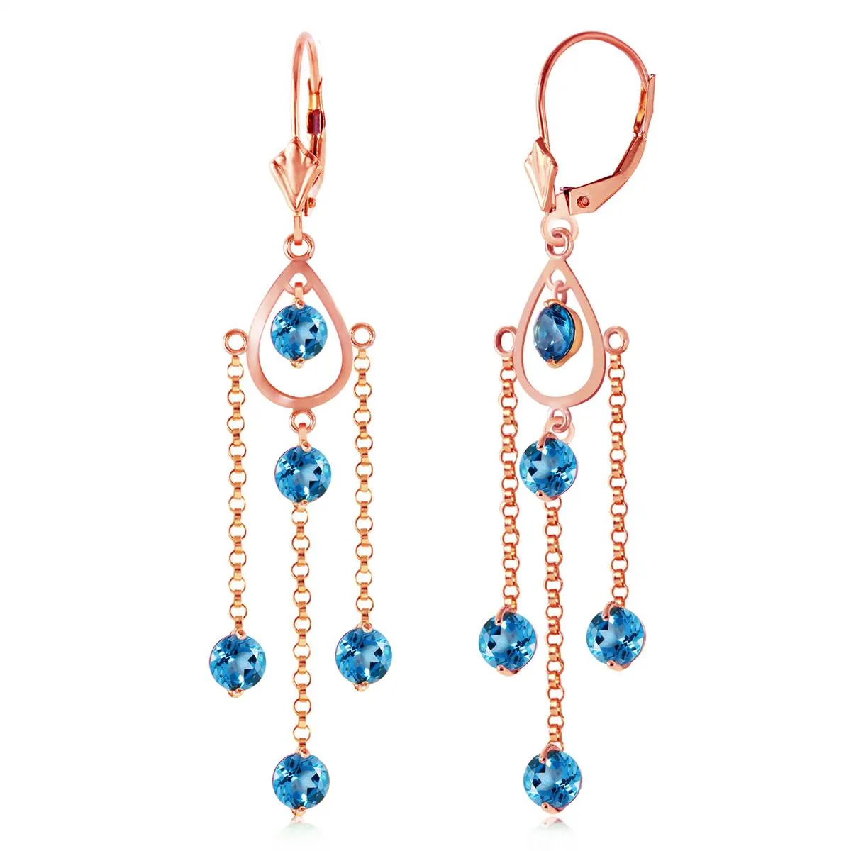 14K Solid Rose Gold Chandelier Imperial Blue Topaz Earrings