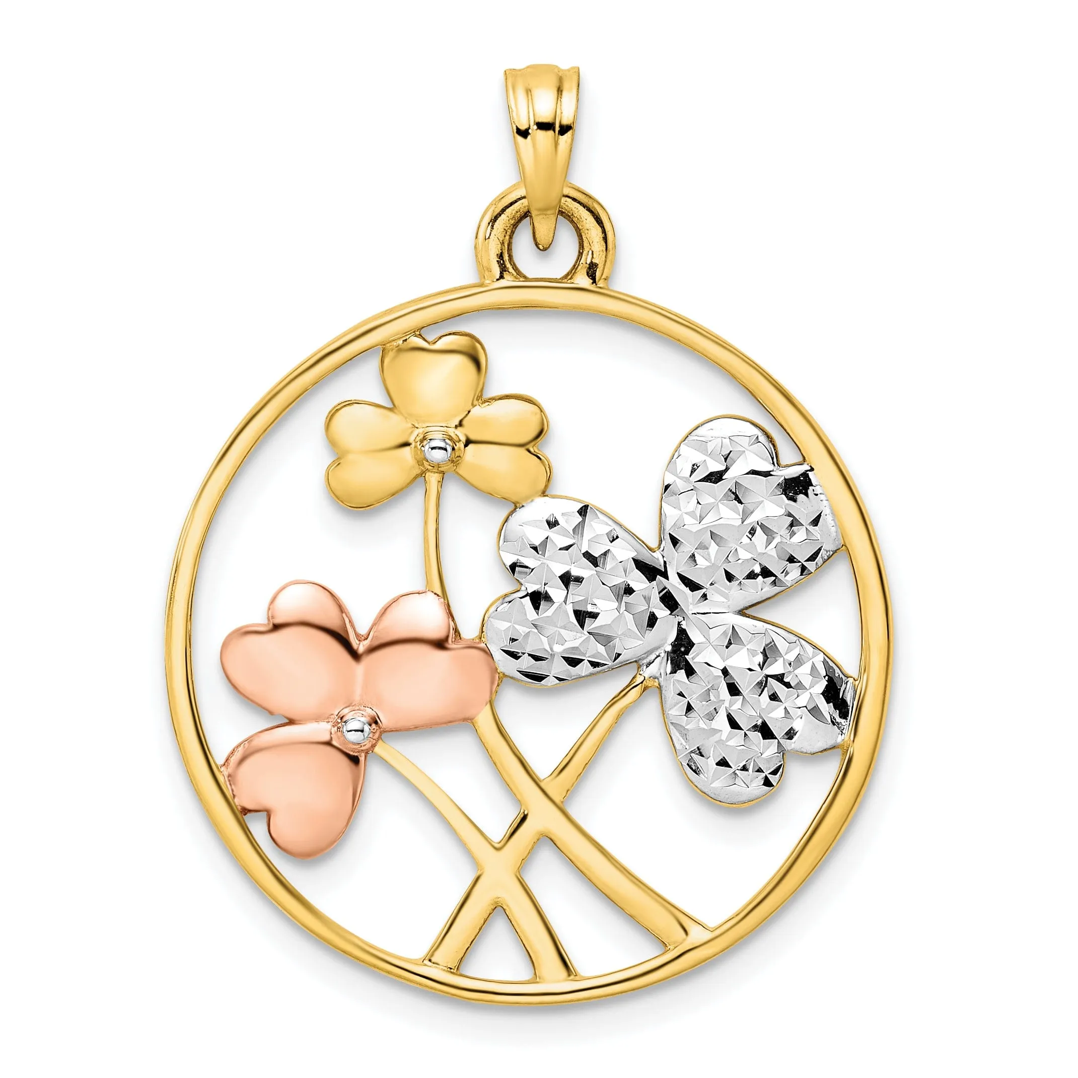 14k Yellow White and Rose Gold Solid Flat Back Polished Diamond Cut Finish Clovers Circle Shape Design Charm Pendant