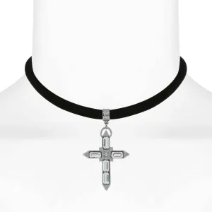 1928 Jewelry Austrian Crystal Cross Black Velvet Choker Necklace 12"   5" Extender