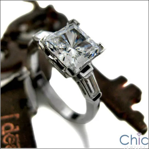 2 Ct Princess Cubic Zirconia Center Baguette Channel Cz Engagament Ring 14k White Gold