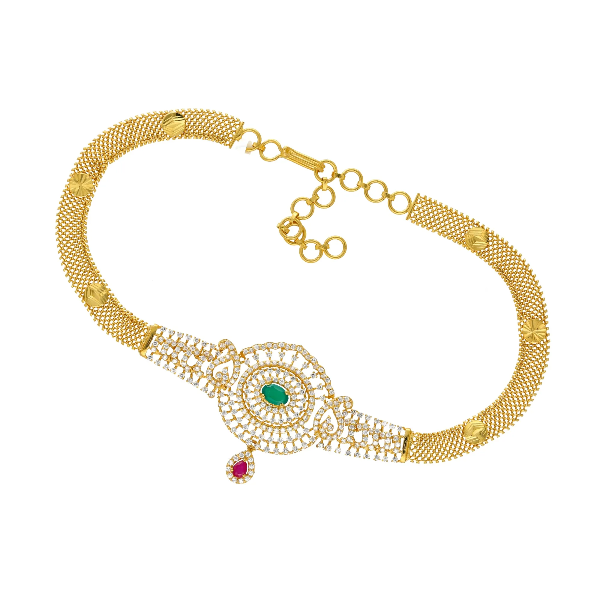 22K Yellow Gold Choker Necklace w/ CZ, Emerald & Ruby (24gm)