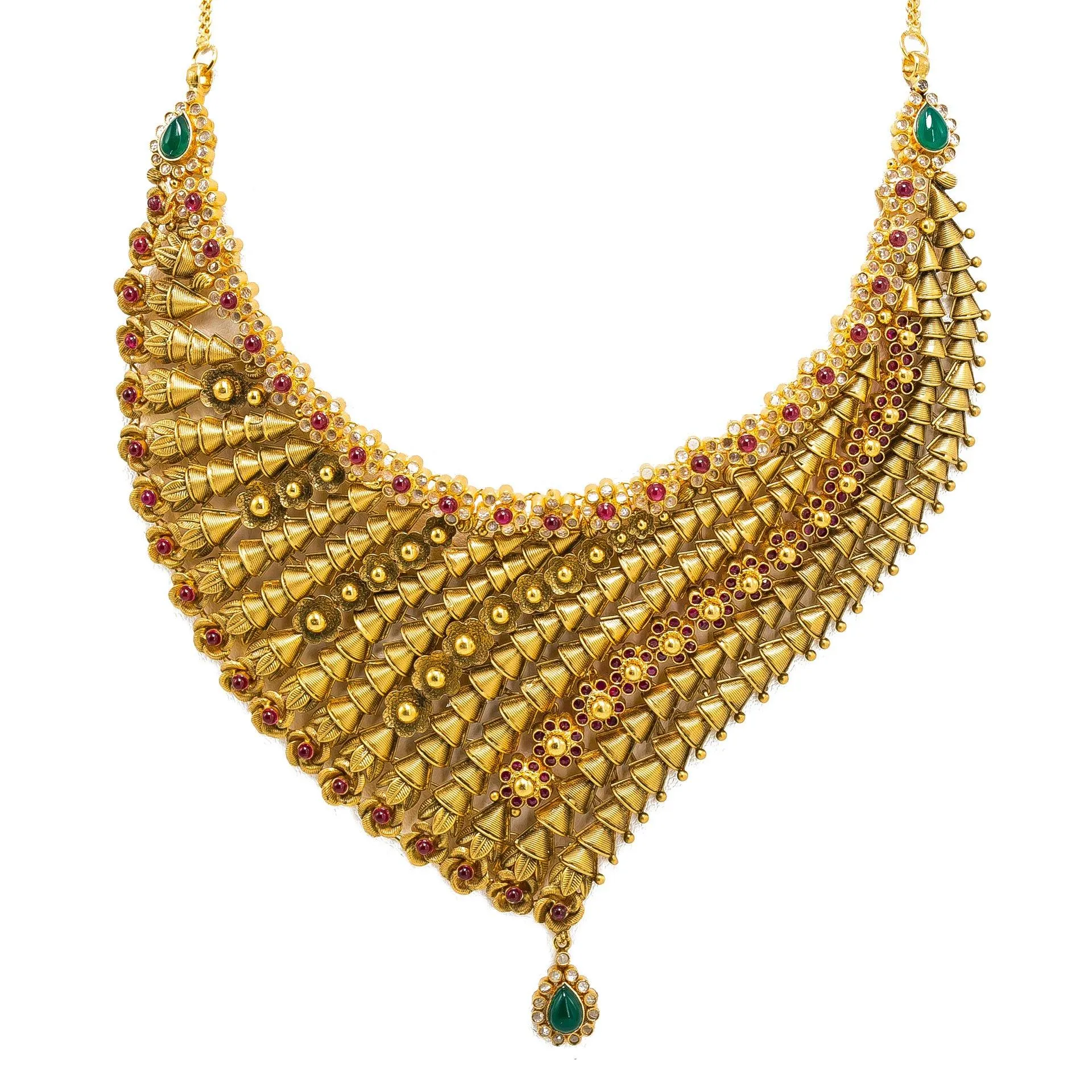 22K Yellow Gold Necklace & Earring Set W/ Ruby, Emerald, CZ Gems, Clustered Flowers & Gold Caps Design