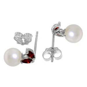 4.4 Carat 14K Solid White Gold Stud Earrings Pearl Garnet