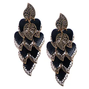 #992e Old Gold Tone Filigree & Black Leather Oversized Cascade Earrings