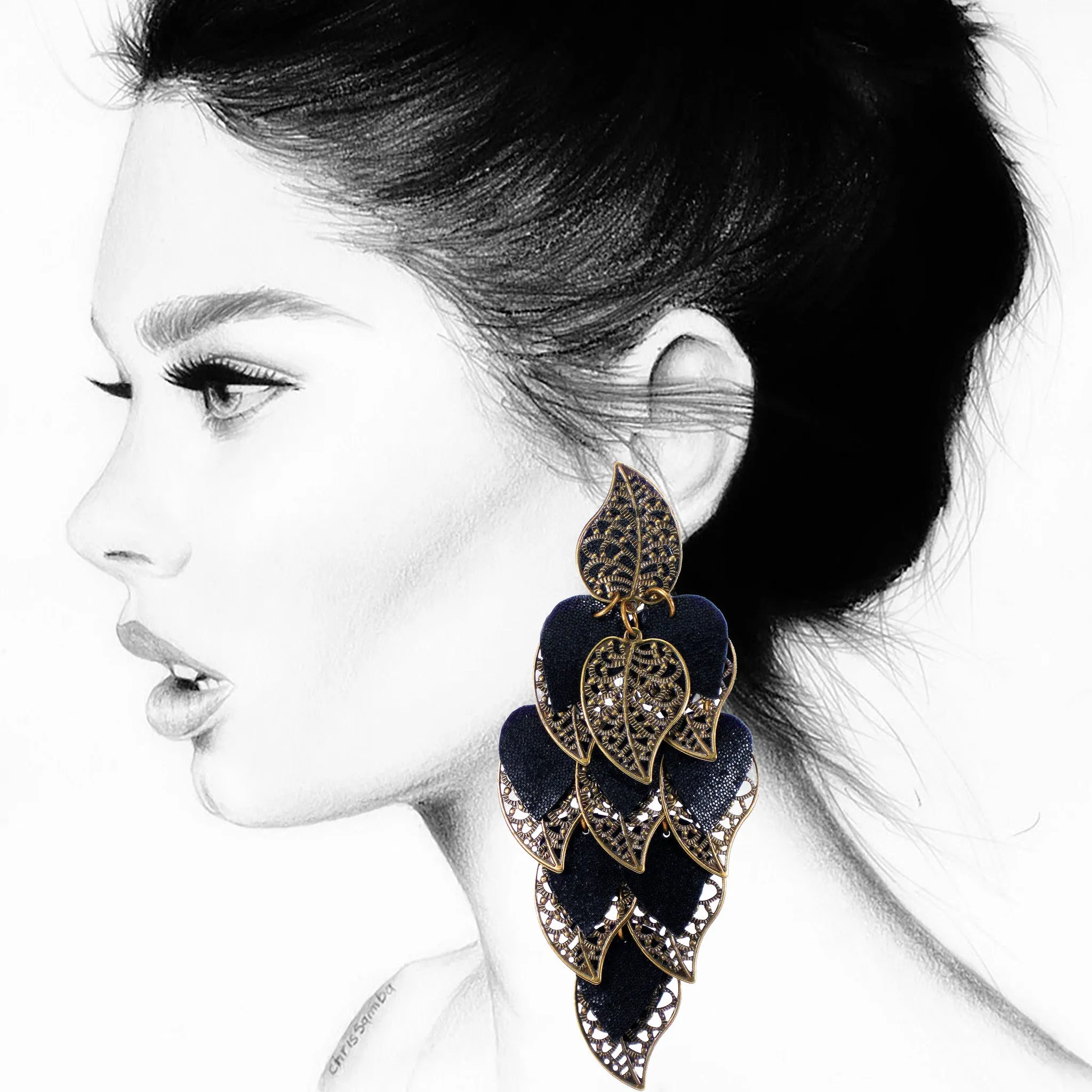 #992e Old Gold Tone Filigree & Black Leather Oversized Cascade Earrings