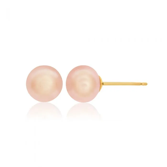 9ct Yellow Gold 6.5mm-7mm Freshwater Natural Pink Pearl Studs