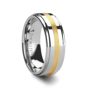 APOLLO | Silver Tungsten Ring, 14k Gold Inlay, Stepped Edges