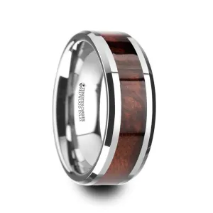 AUBURN | Silver Tungsten Ring, Red Wood Inlay, Beveled