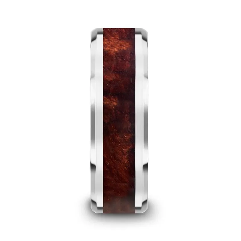 AUBURN | Silver Tungsten Ring, Red Wood Inlay, Beveled