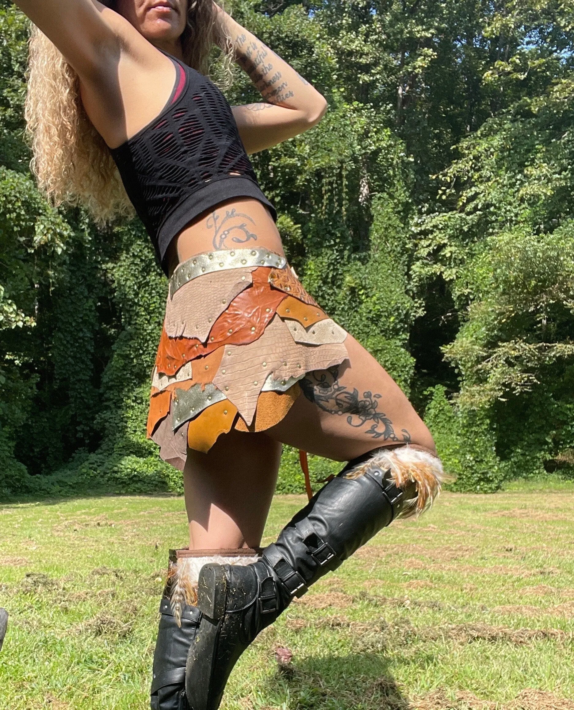 AURORA, Steampunk or Tribal Belly Dance: Leather Skirt in Earthy Brown - Stand out at Burning Man with this Warrior-inspired Attire!