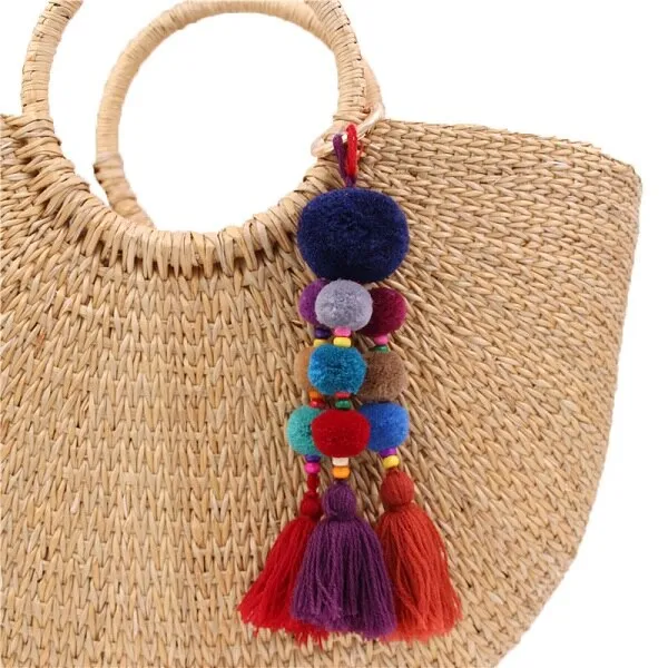 Bead Handbag Tassel Keychain Pompom Key Ring Holder Hanging Bohemian Style Pendant