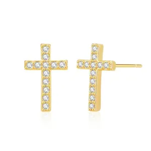 BG&WLing Cubic Zirconia Cross Earrings for Women, 14K Gold Plated Sterling Silver Stud Earrings Hypoallergenic, Cute Dainty Jewelry Gifts (Gold)