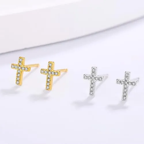 BG&WLing Cubic Zirconia Cross Earrings for Women, 14K Gold Plated Sterling Silver Stud Earrings Hypoallergenic, Cute Dainty Jewelry Gifts (Gold)