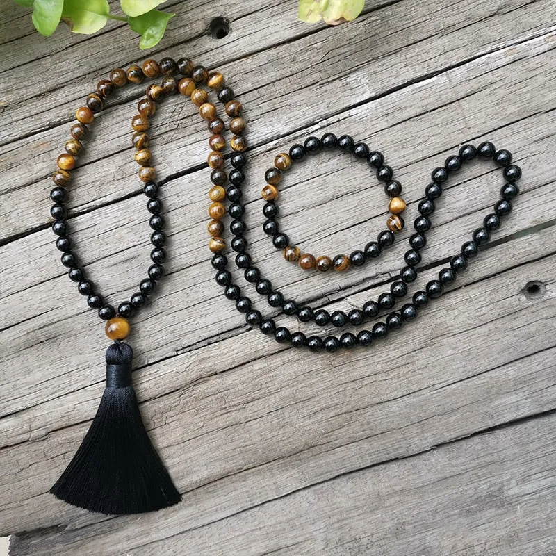 Black Onyx & Tigers Eye Bracelet/Necklace/Mala Set