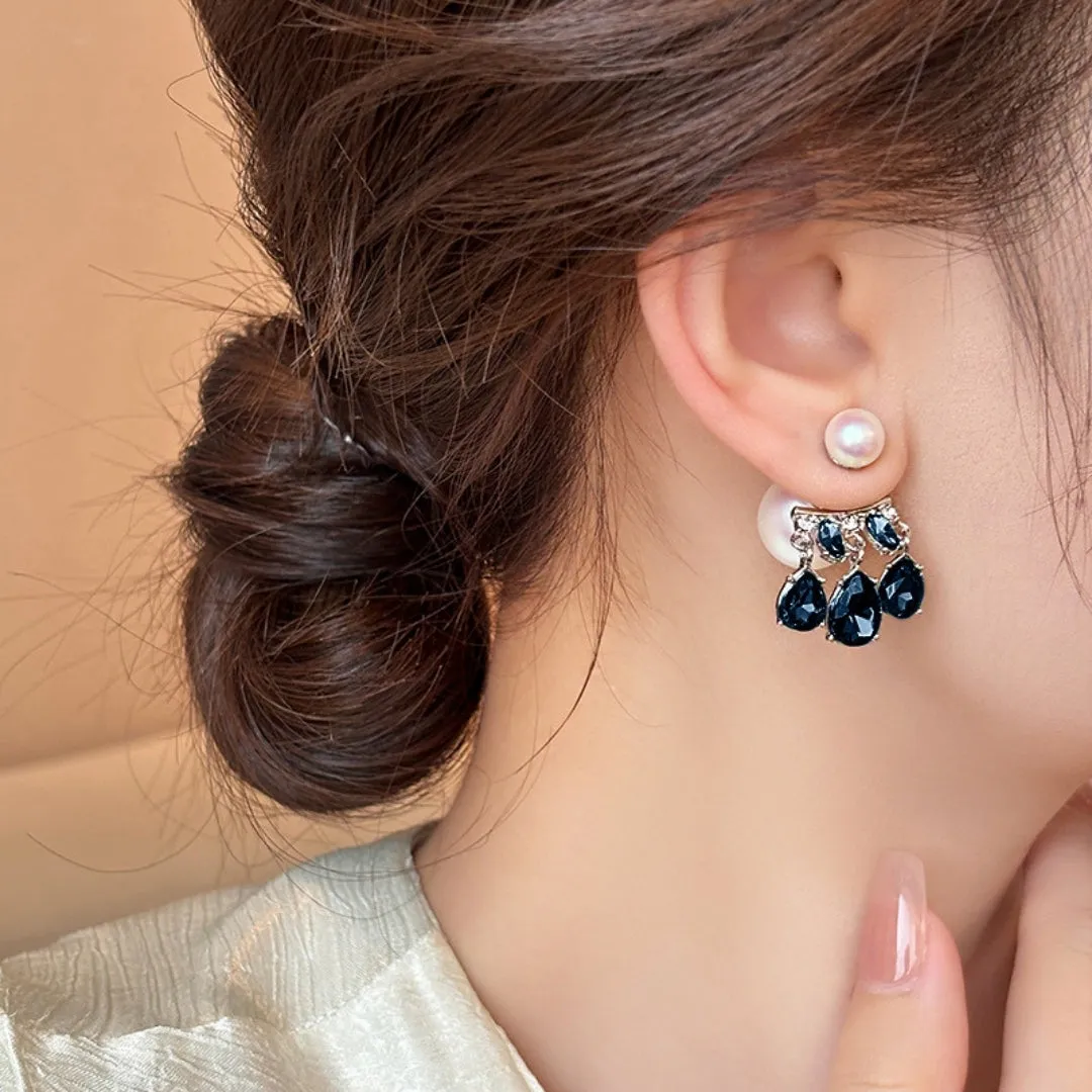 Blue Rhinestone Double Pearl Stud Earring