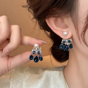 Blue Rhinestone Double Pearl Stud Earring