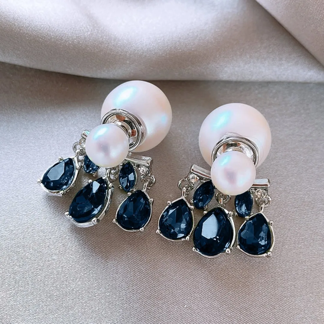 Blue Rhinestone Double Pearl Stud Earring