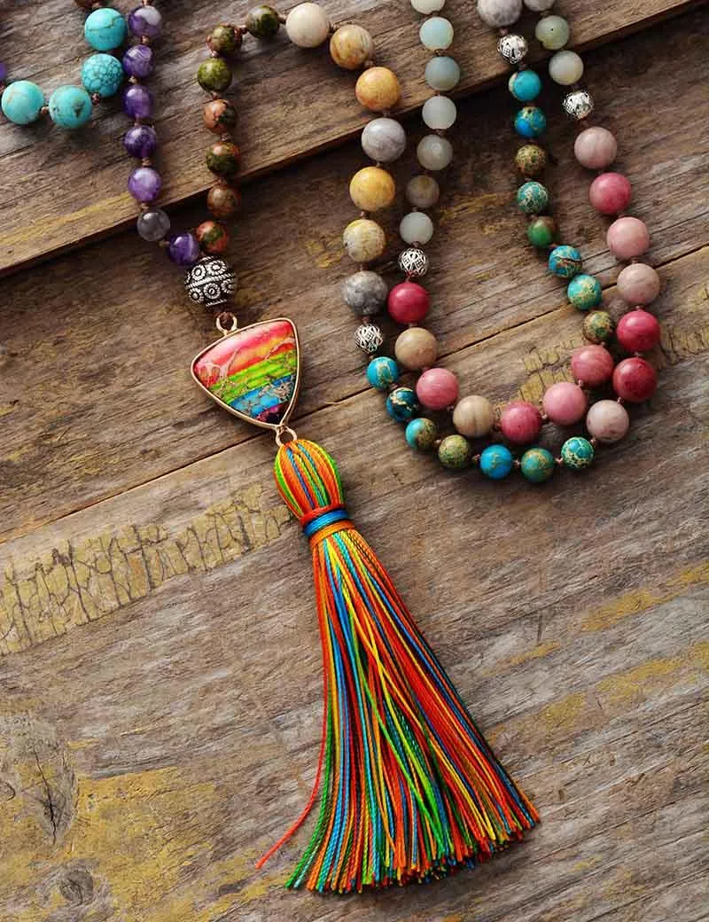 Boho Colourful Natural Stone Necklace with Tassels