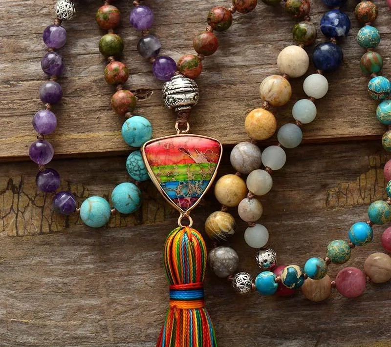 Boho Colourful Natural Stone Necklace with Tassels