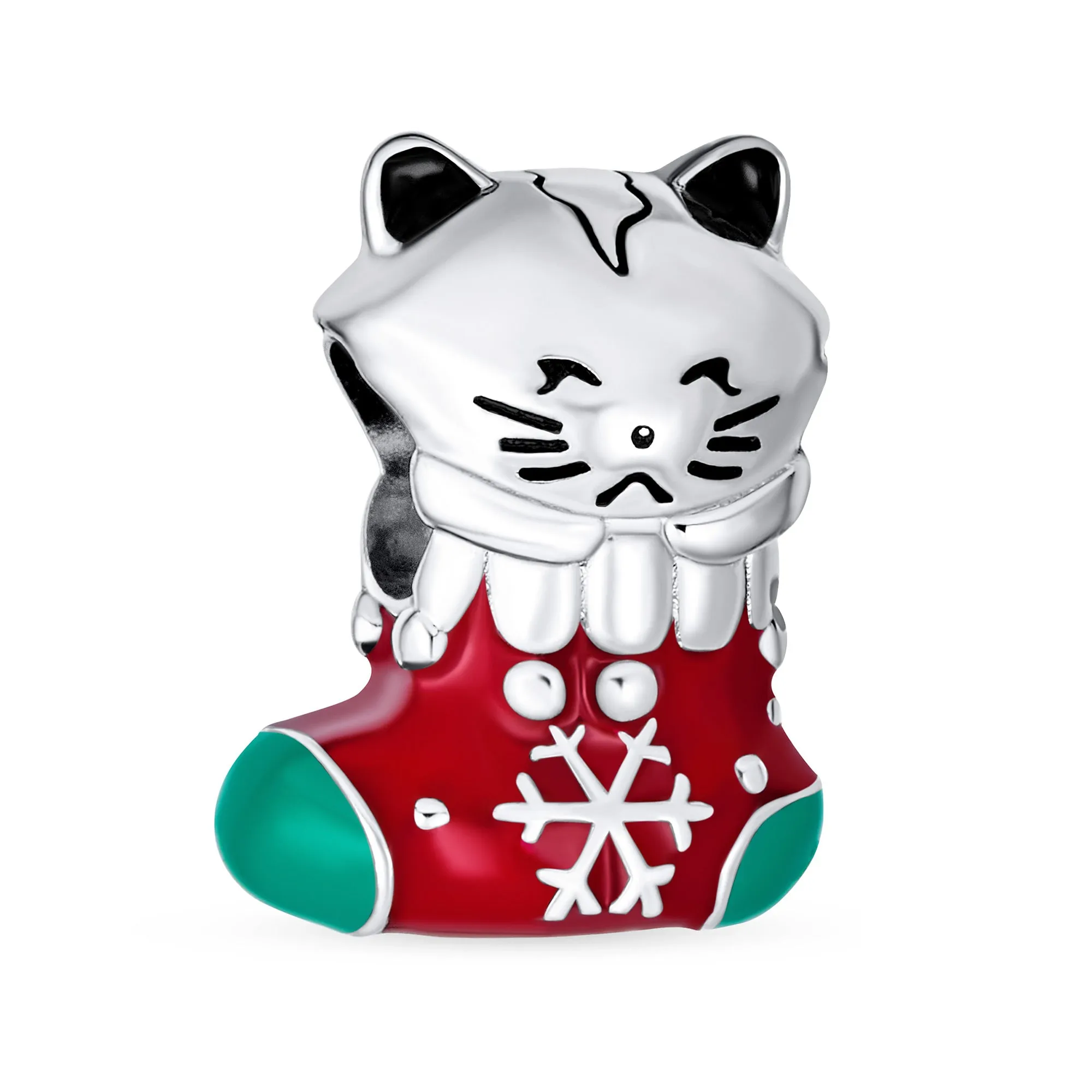 Christmas Charm Bead Kitten in Stocking with Snowflake & Candy Cane Sterling Silver