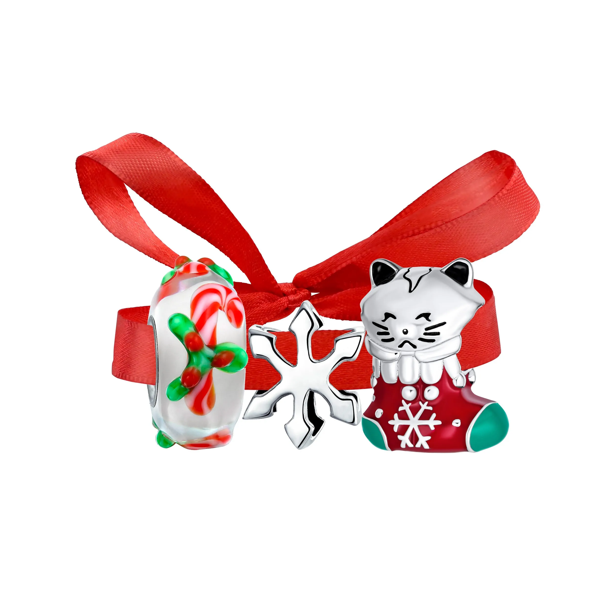 Christmas Charm Bead Kitten in Stocking with Snowflake & Candy Cane Sterling Silver