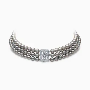 Classic 18K White Gold Grey Akoya Pearl and Diamond Clasp Choker