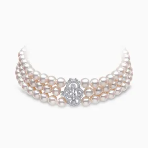 Classic 18K White Gold Pearl and Floral Diamond Clasp Choker