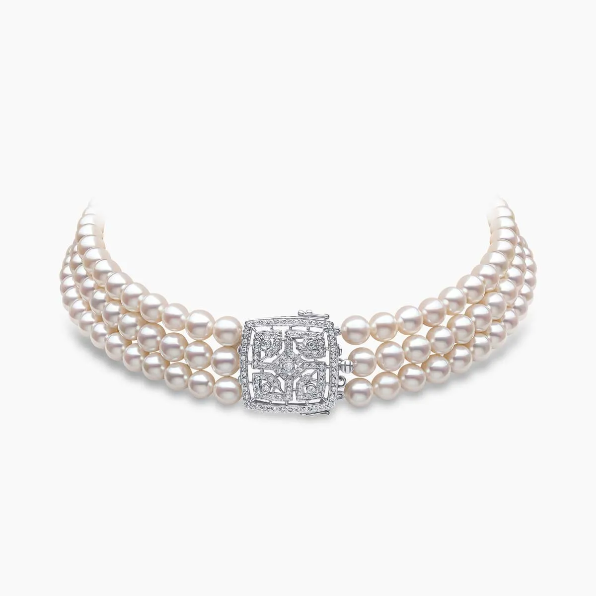 Classic 18K White Gold Pearl and Geometric Diamond Clasp Choker