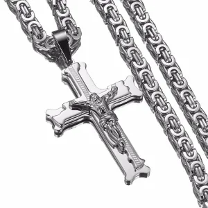 Cross Silver Necklaces Men Women Pendant Stainless Steel Necklace With 6MM Byzantine Chain  Christian Crucifix Jewelry