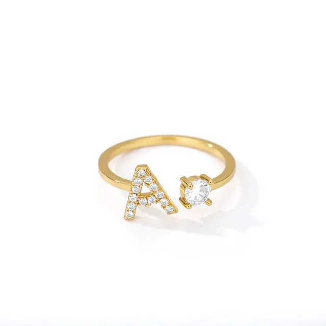 Crystal Open Adjustable 26 Initial Letter Ring