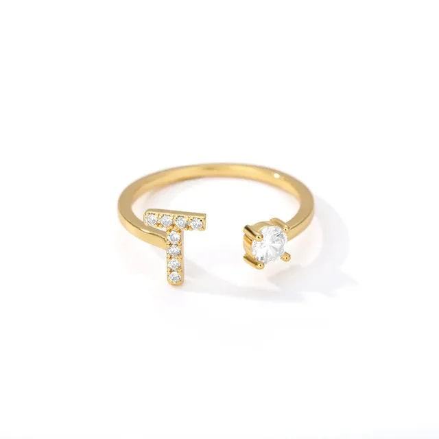 Crystal Open Adjustable 26 Initial Letter Ring