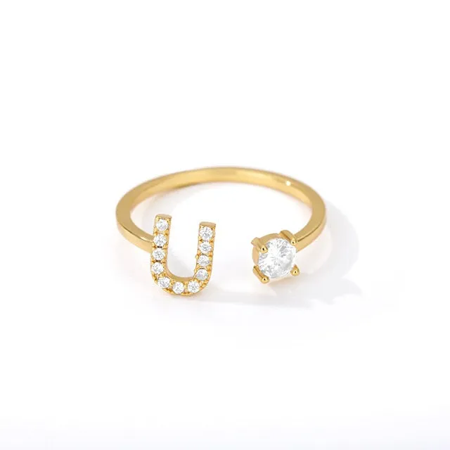 Crystal Open Adjustable 26 Initial Letter Ring