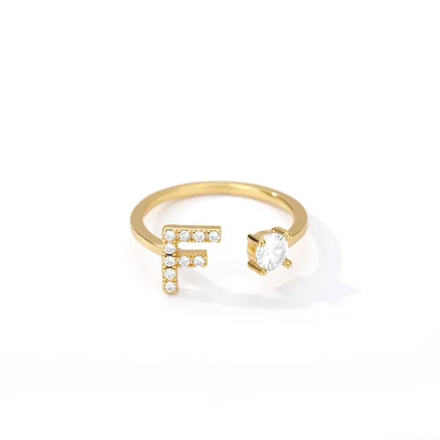 Crystal Open Adjustable 26 Initial Letter Ring