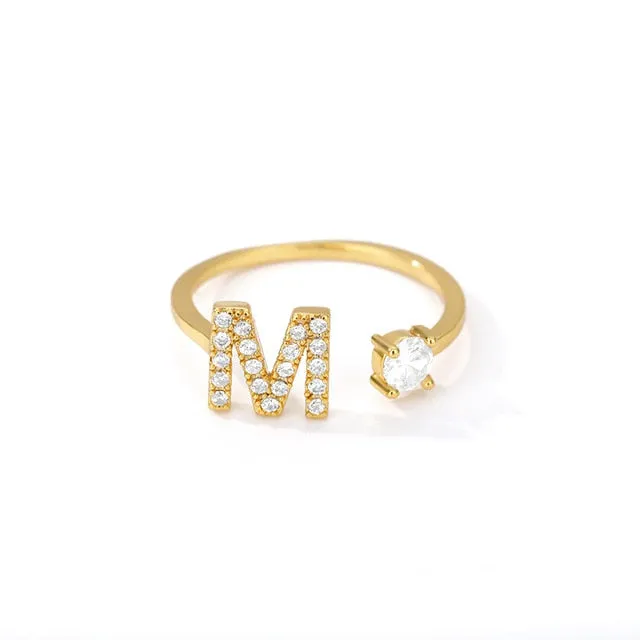 Crystal Open Adjustable 26 Initial Letter Ring