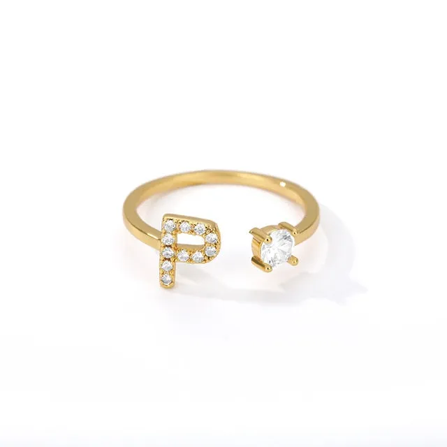 Crystal Open Adjustable 26 Initial Letter Ring