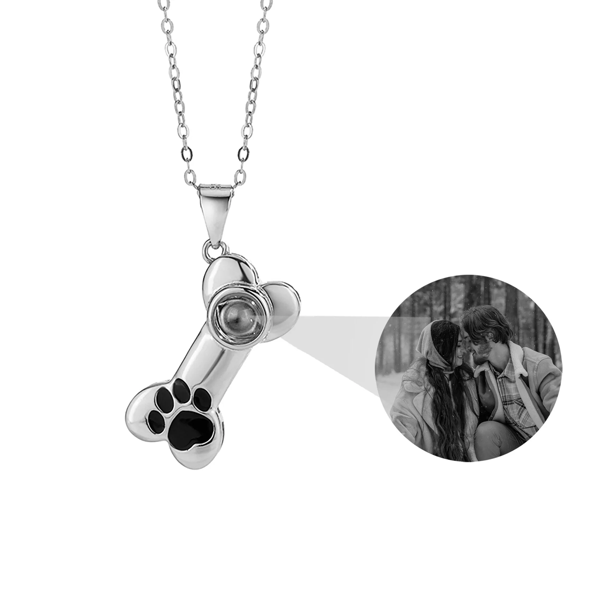 Customizable Photo Dog Bone Necklace Silver Shiny Dog Bone Chain Necklace